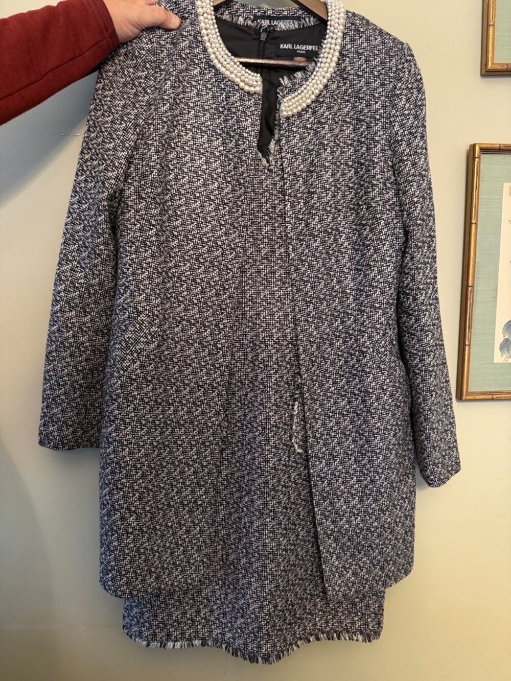 Beautiful Karl Lagerfeld tweed coat with pearl collar and matching dress